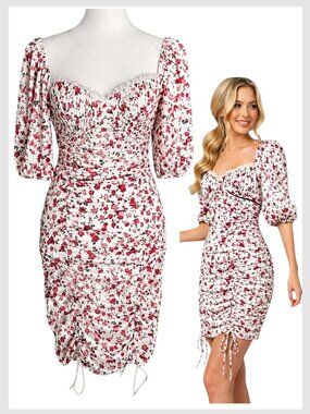 For Love & Lemons White Floral Ruched Mini Dress Sweetheart S